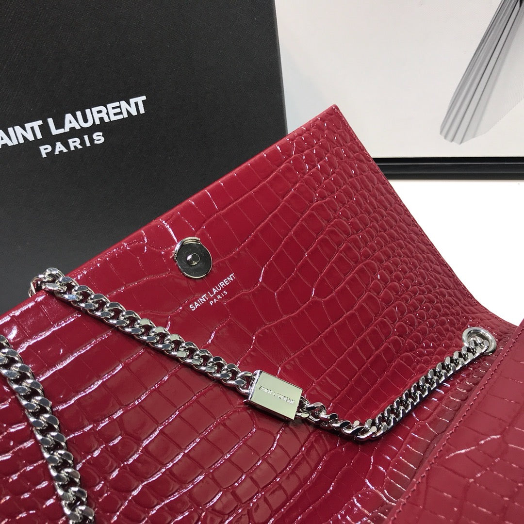 YSL Saint Laurent Kate Tassel Shiny-Embossed Burgundy 9in Medium Chain Handbag