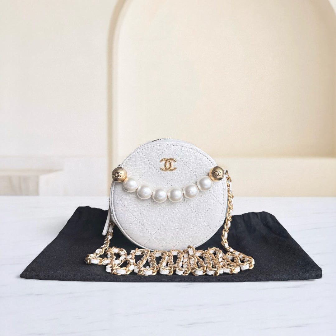 Chanel Pearl Round Clutch with Calfskin Aged Hardware White Gold Clutch Bag