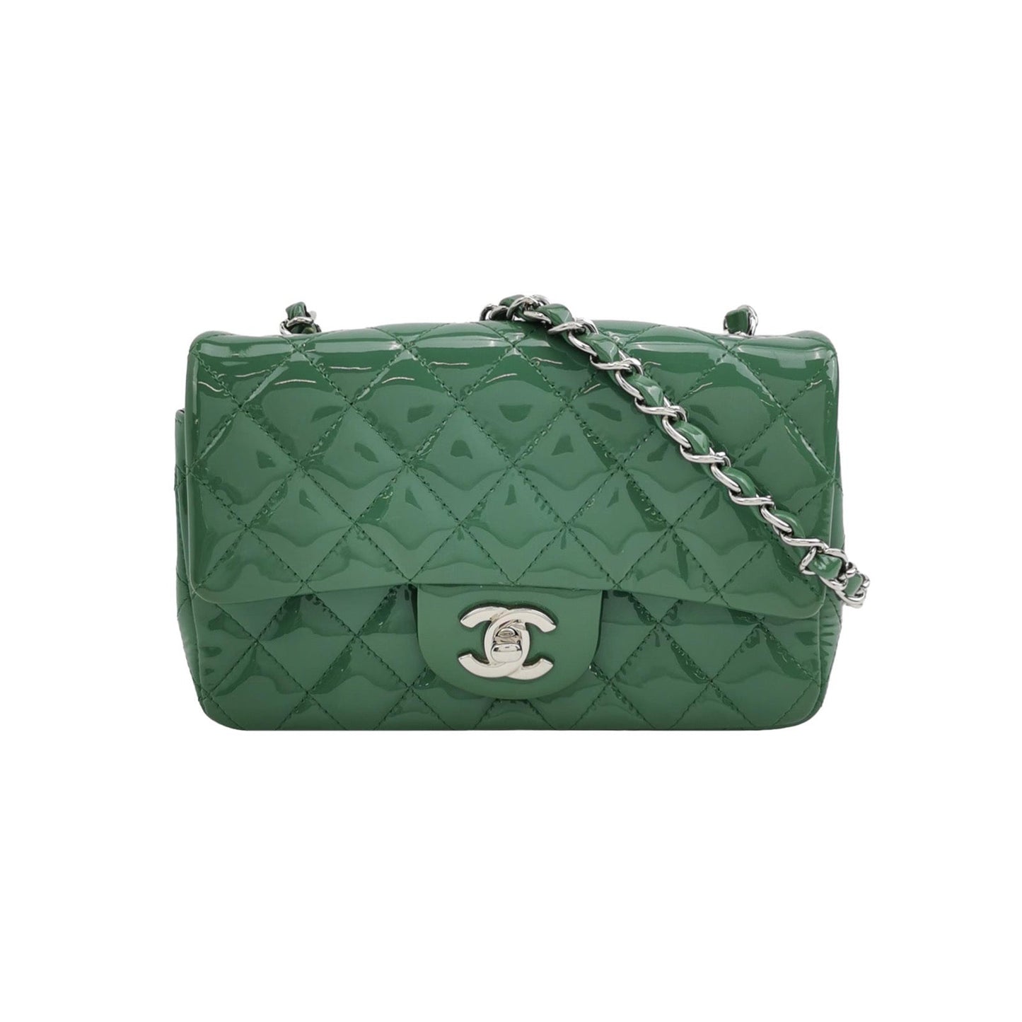 Chanel Classic Flap Rectangular Patent Hardware Green Silver Leather Mini Bag