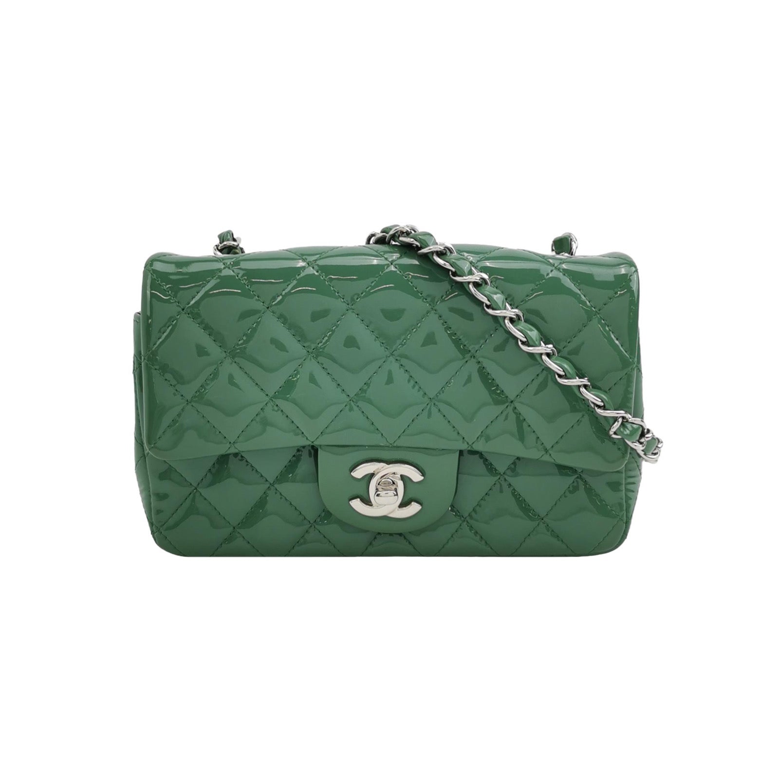 Chanel Classic Flap Rectangular Patent Hardware Green Silver Leather Mini Bag
