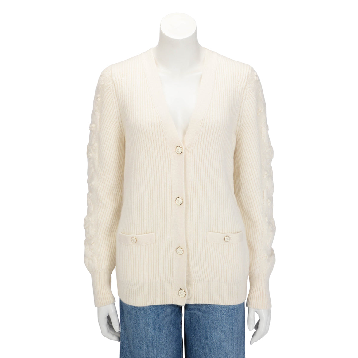 Chanel Ecru Ribbed Cashmere Classic Cardigan FR 38