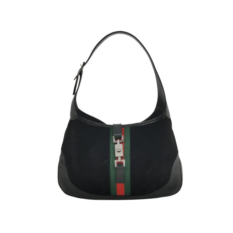 Gucci Jackie Web Leather Suede Black Green Shoulder Bag