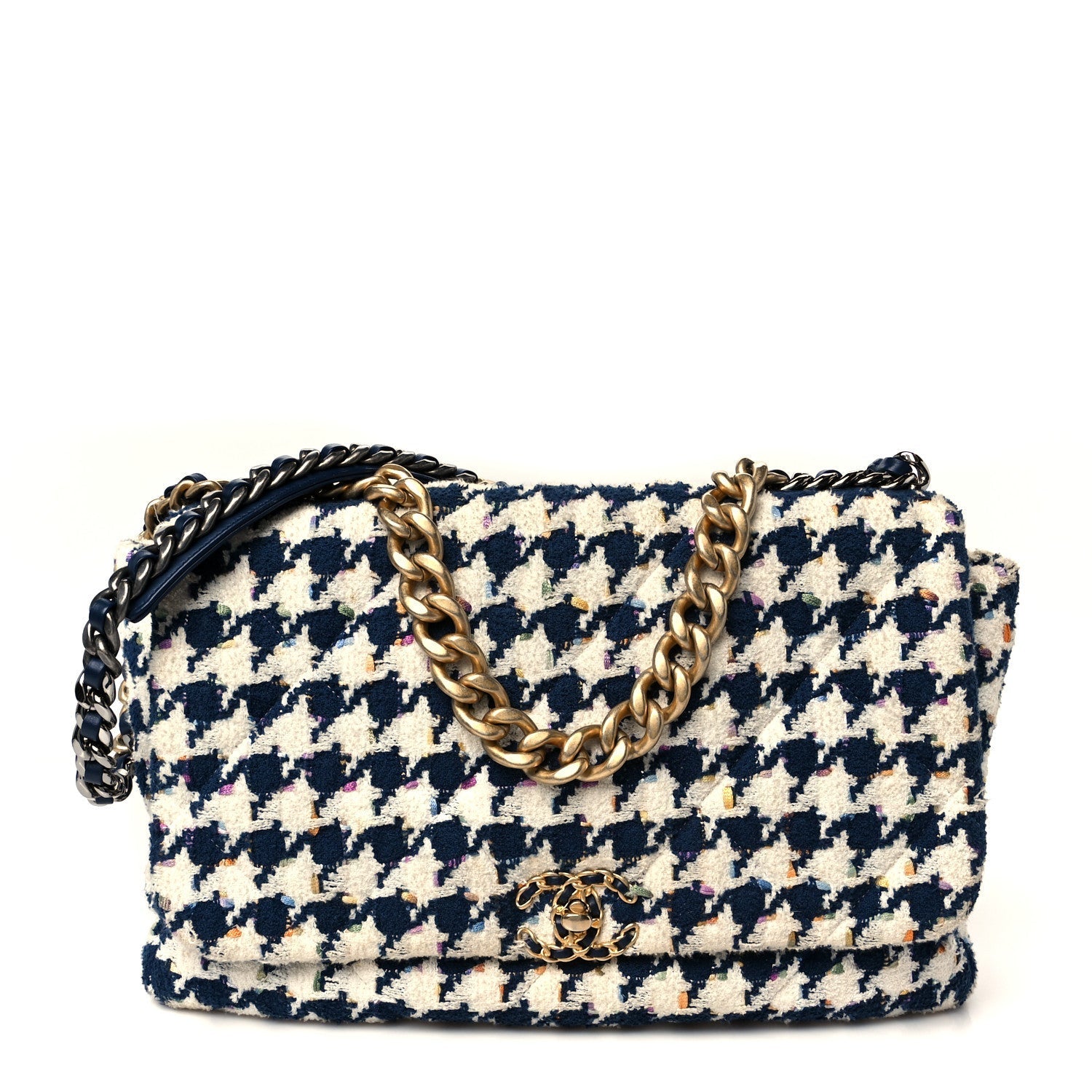 Chanel Tweed Quilted Maxi 19 Flap Ecru Navy Blue Multicolor Bag