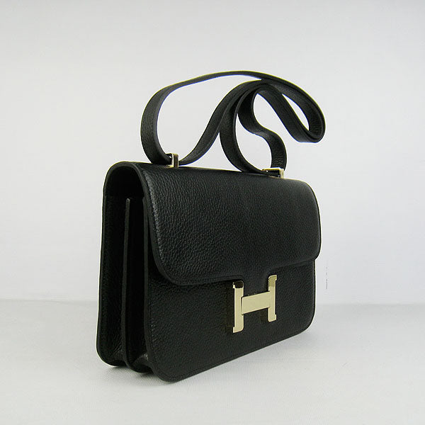 Hermes Luxury Calf Message Bag H Golden Leather Black Travel Bag