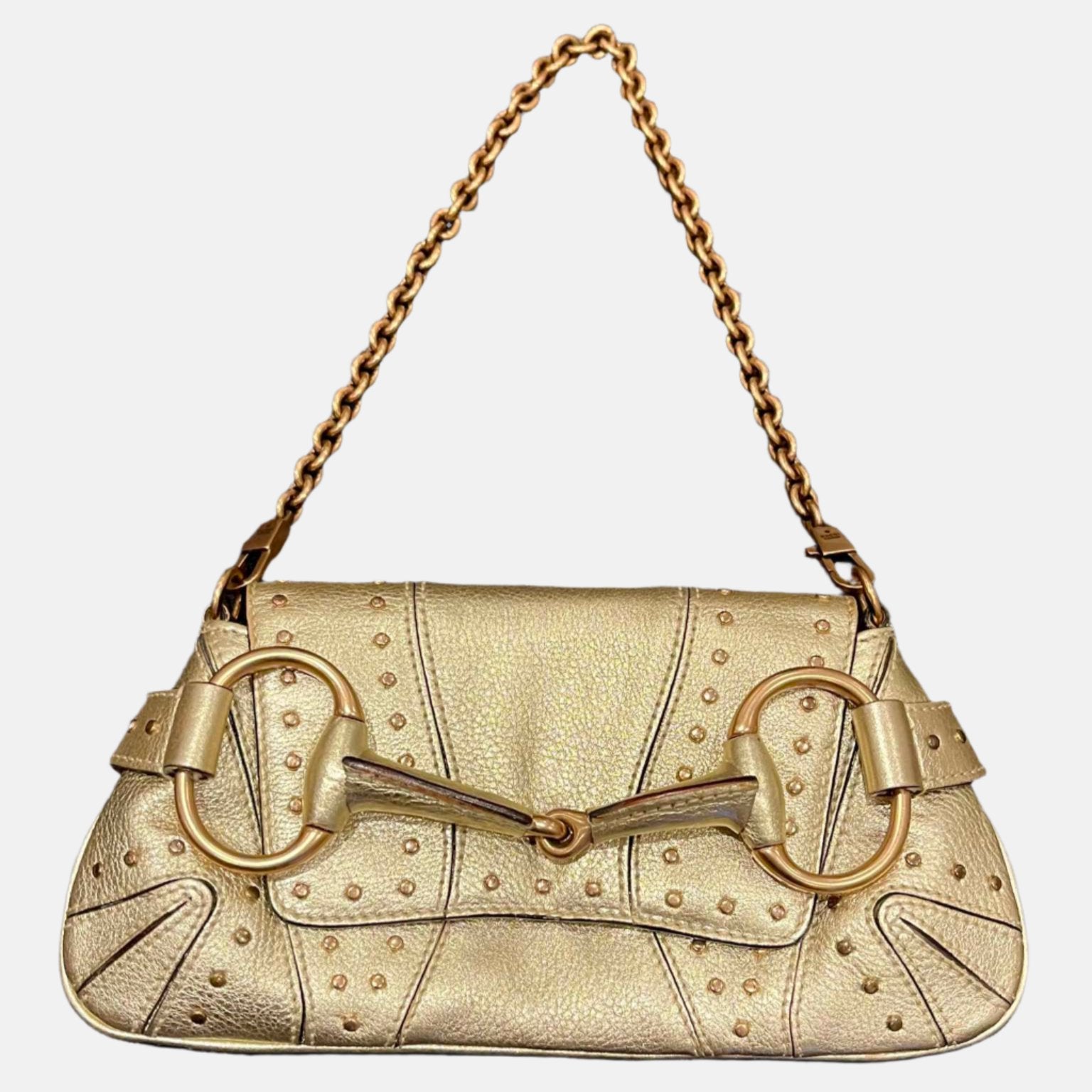 Gucci Horsebit Pearlescent Studs Leather Gold Chain Travel Bag