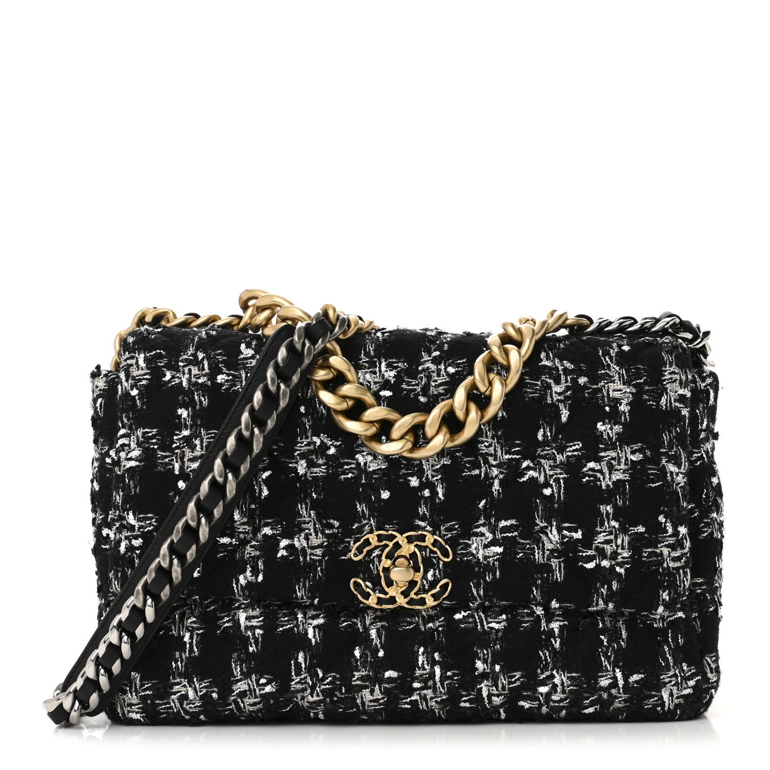 Chanel Tweed Quilted Large 19 Flap Black Silver Ecru Handbag