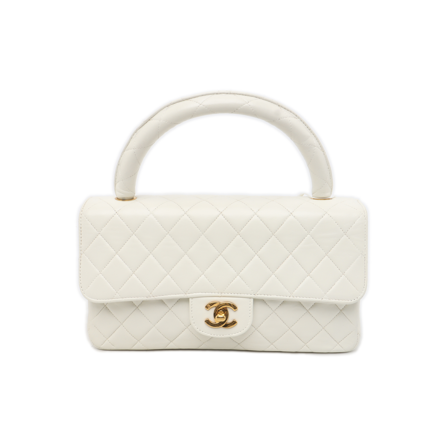 Chanel Kelly Parent Top Handle Flap Lambskin White Gold Leather Shoulder Bag
