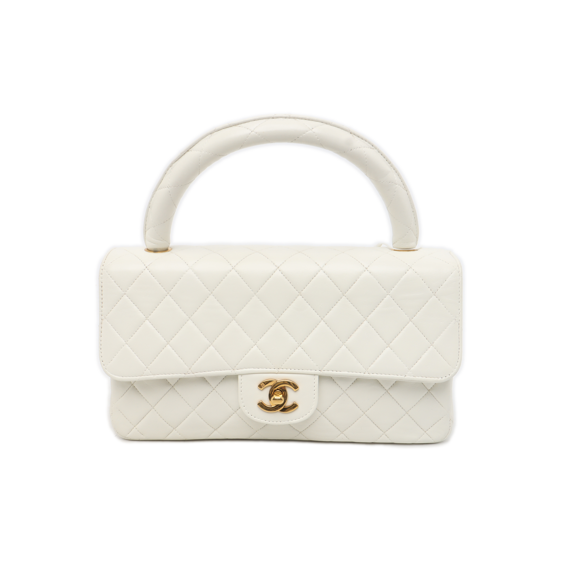 Chanel Kelly Parent Top Handle Flap Lambskin White Gold Leather Shoulder Bag