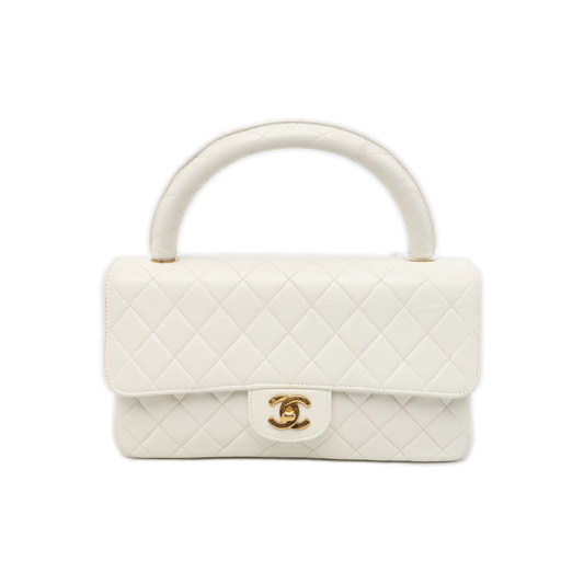 Chanel Kelly Parent Top Handle Flap Lambskin White Gold Leather Shoulder Bag
