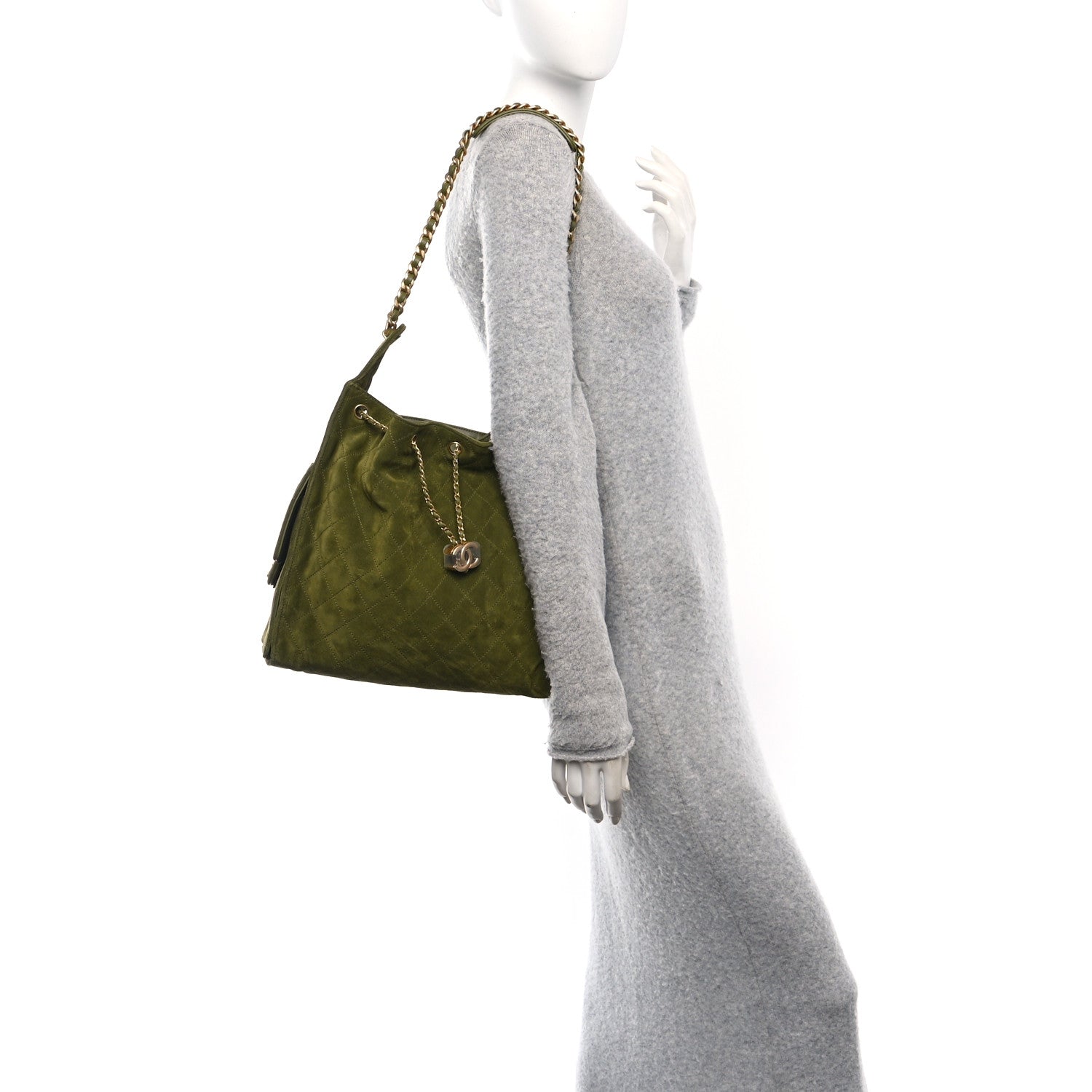 Chanel Suede Quilted Medium 25 Handbag Khaki