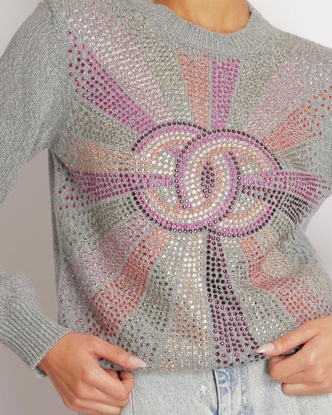 Chanel Grey Cashmere Knitted Jumper With Multi-Colour Crystal Embellished Cc Logo Size Fr 38 (Uk 10) Bag