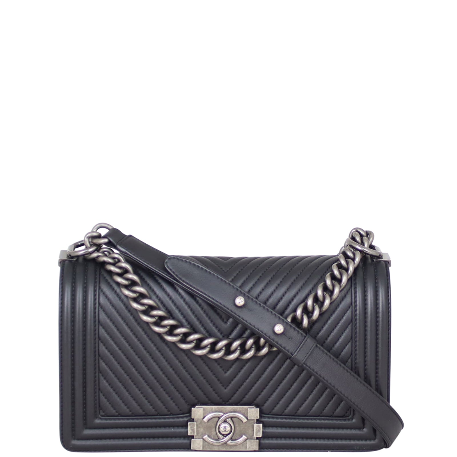 Chanel Boy Old Chevron Handbag Black Medium