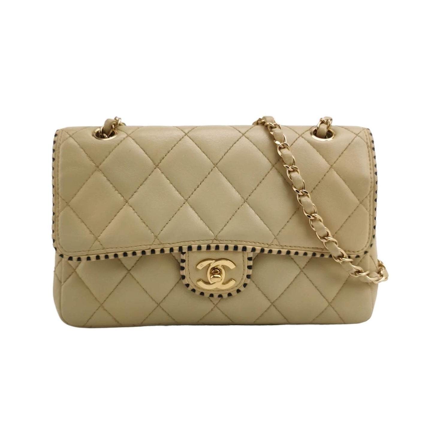 Chanel Classic Flap Happy Stitch Contrast Trim Black Beige Leather Handbag
