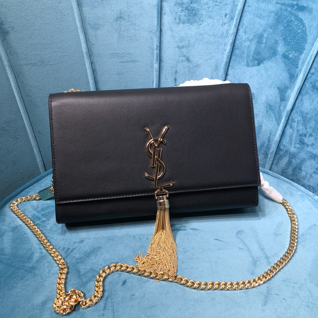 YSL Saint Laurent Kate Tassel 9in 24cm Grain De Poudre Black Medium Chain Handbag