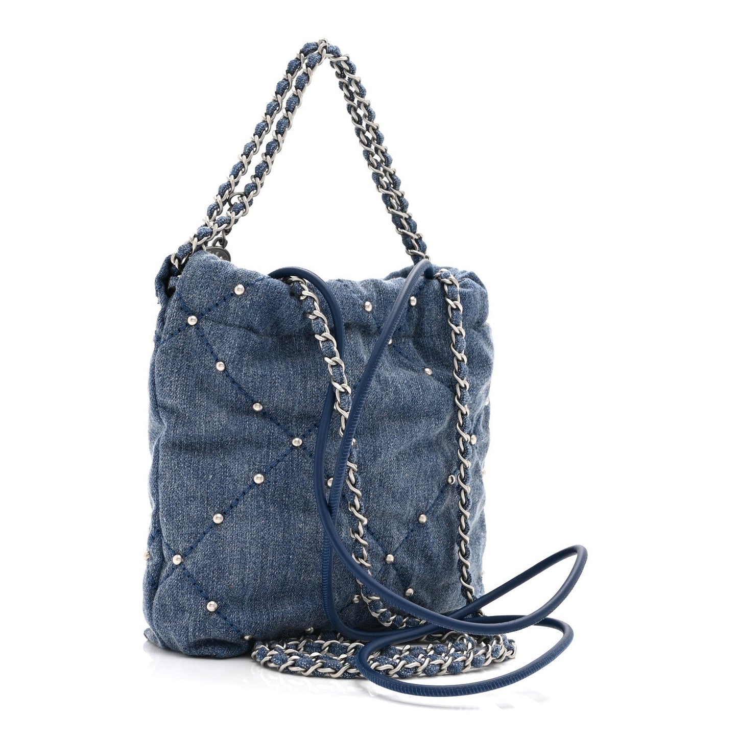 Washed Denim Quilted Studded Mini Chanel 22 Blue