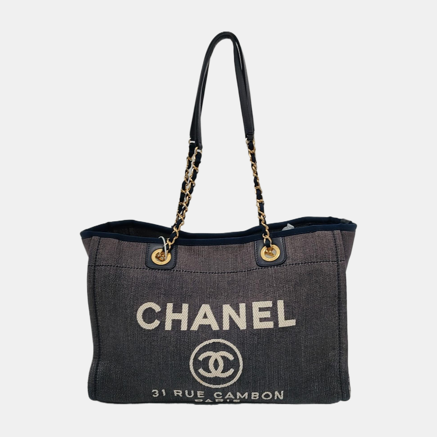 Chanel Deauville Navy Denim Cloth Hardware 30cm Gold Leather Tote Bag