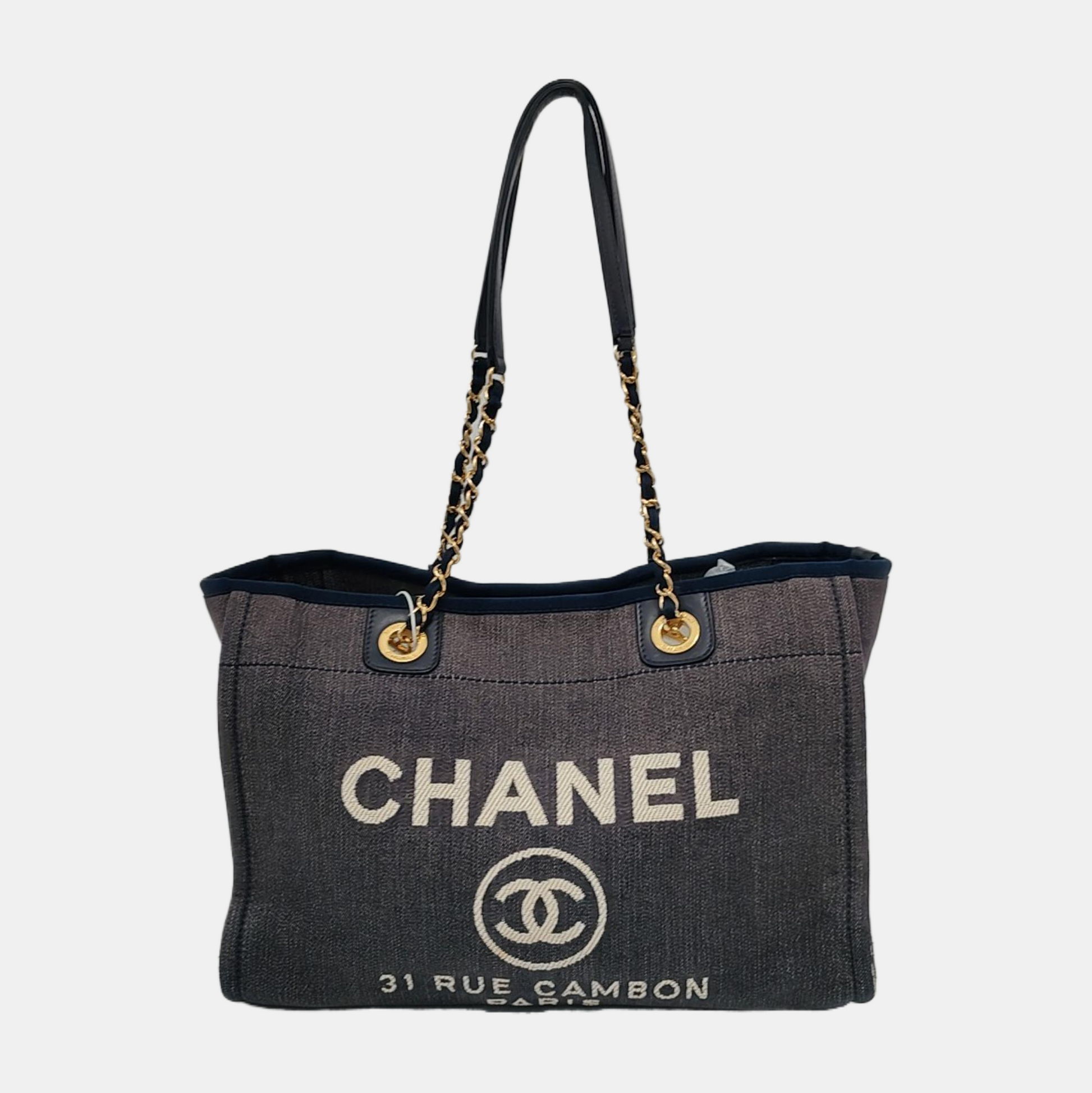 Chanel Deauville Navy Denim Cloth Hardware 30cm Gold Leather Tote Bag