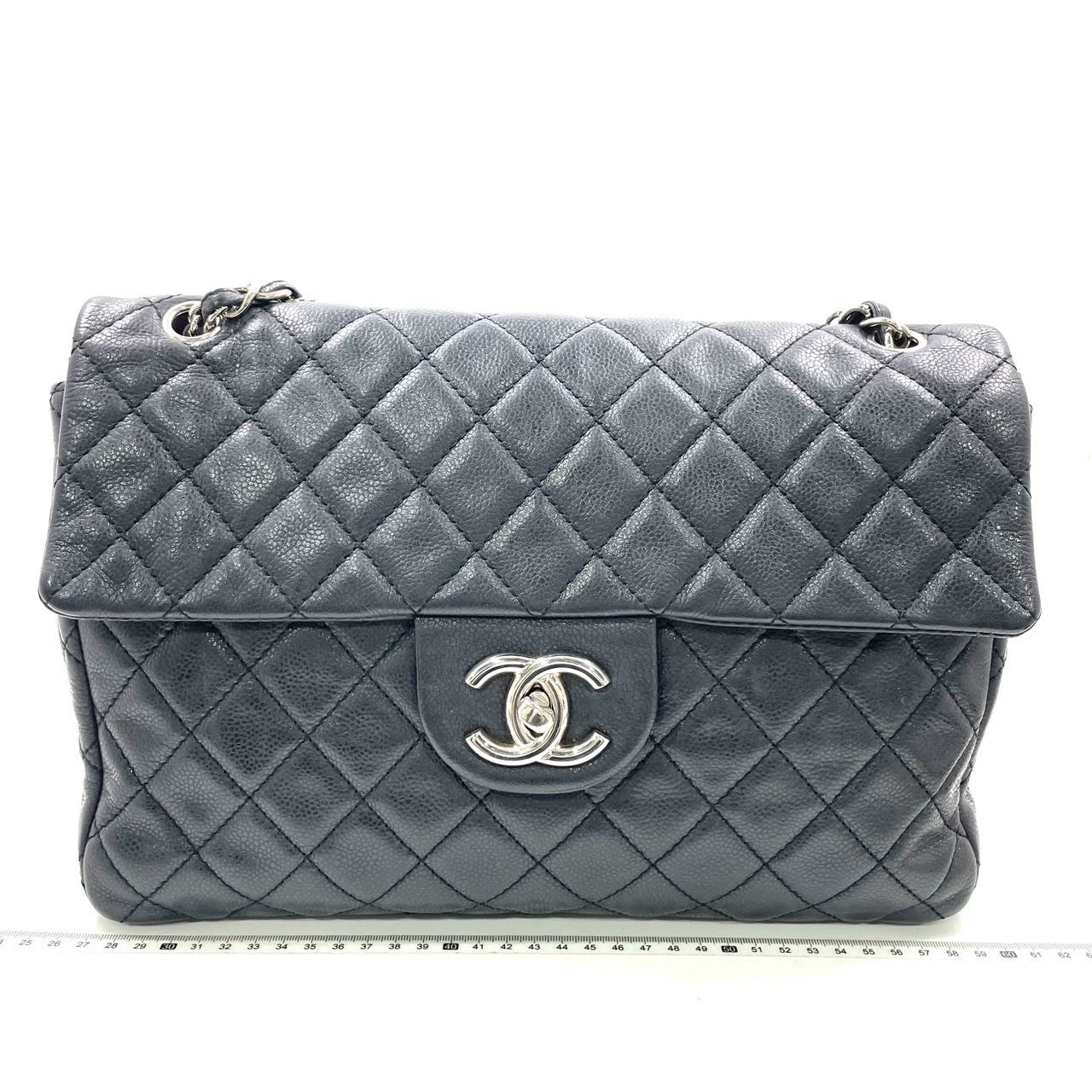 Chanel Classic Flap Maxi Soft Caviar -tone Black Silver Leather Handbag Logo 1