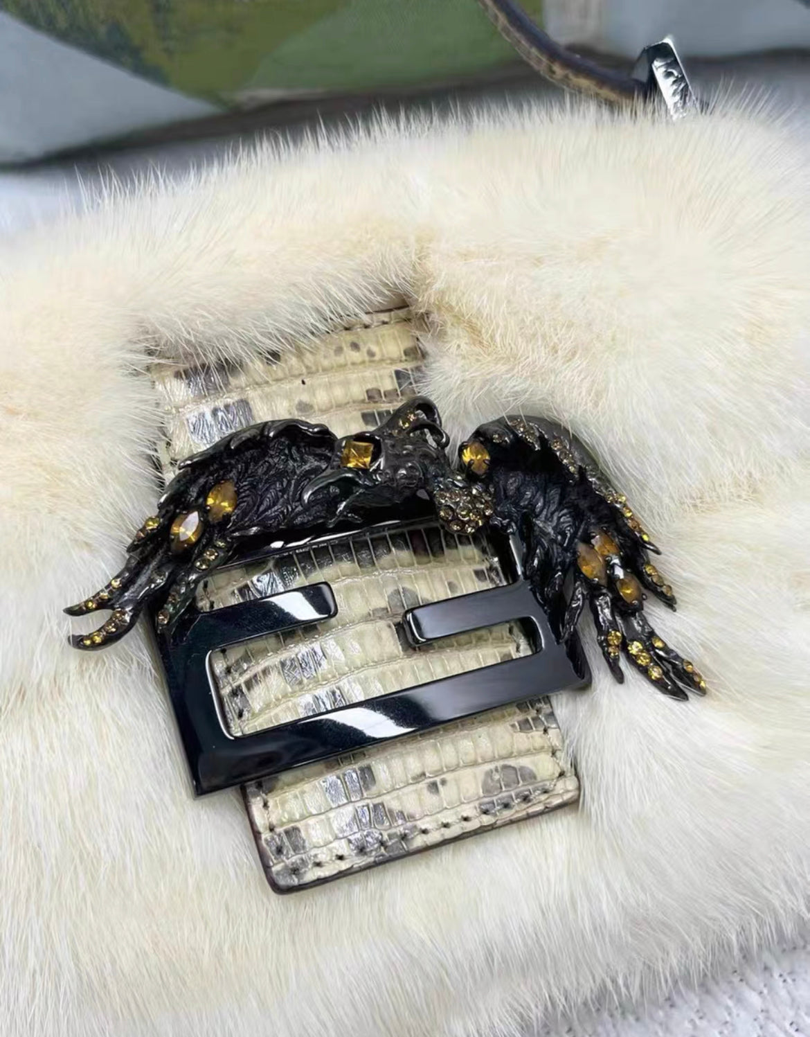 Fendi Rare Baguette Bag Fur With Lizard And Crystals Shoulder Bag