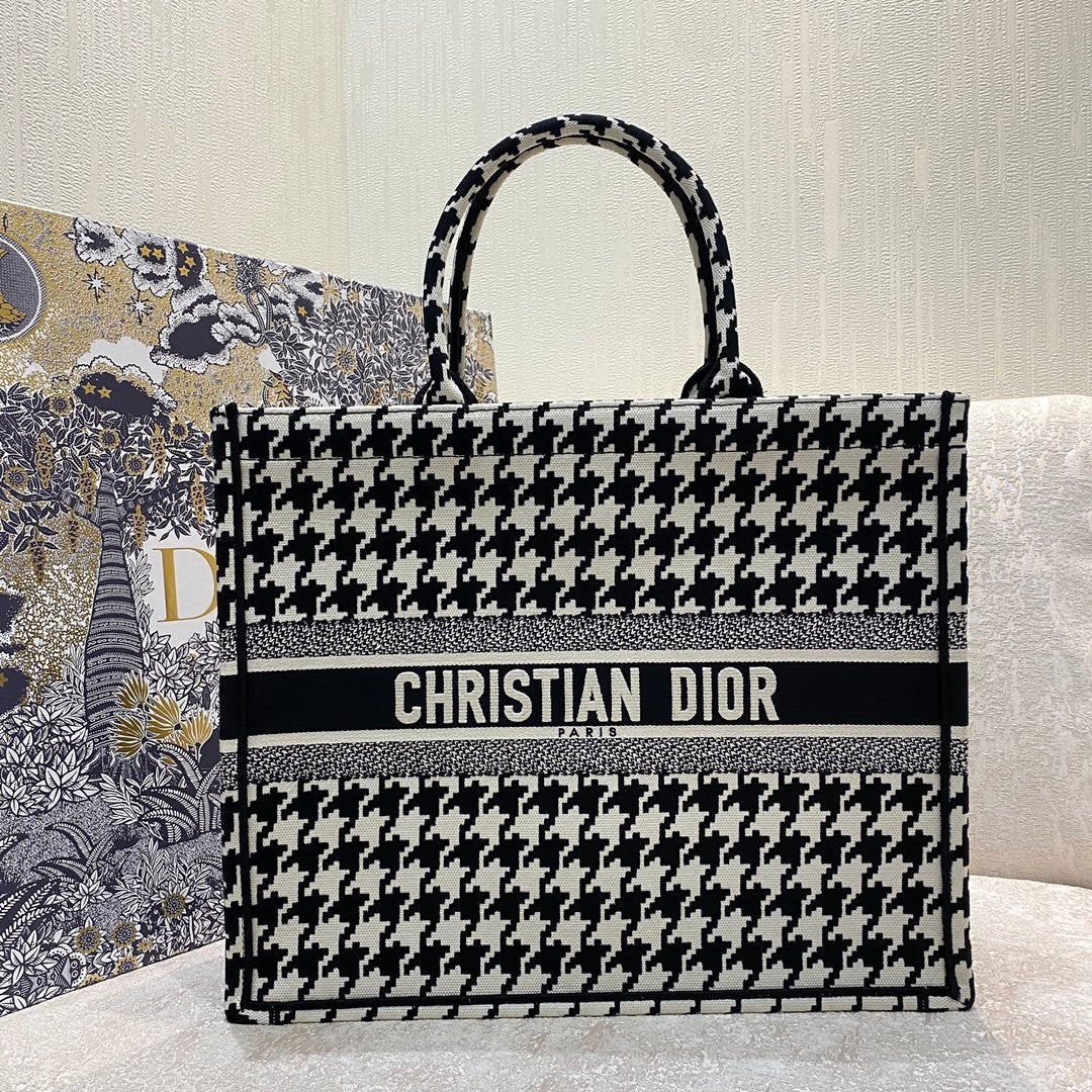 Book Houndstooth Embroidery Cd Black White Large Book Tote Shoulder Bag