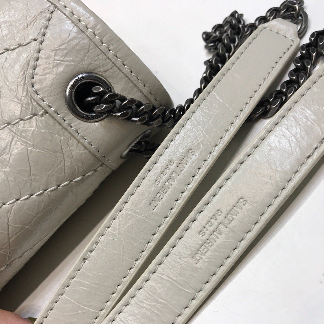 YSL Saint Laurent Niki Baby Crinkled 8in 21cm White Chain Travel Bag