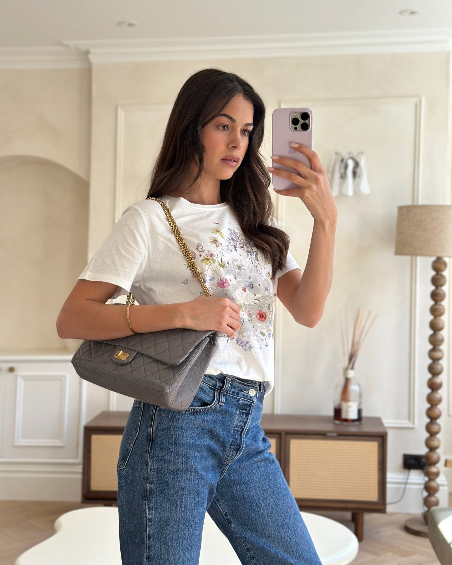 Chanel Grey Medium Reissue 2.55 Double Flap Bag In Quilted Crumpled Calfskin With Aged Gold Hardware