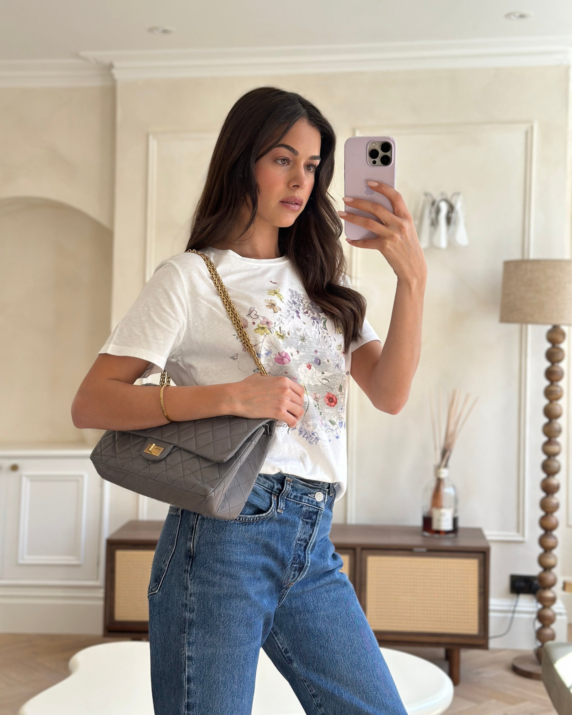 Chanel Grey Medium Reissue 2.55 Double Flap Bag In Quilted Crumpled Calfskin With Aged Gold Hardware
