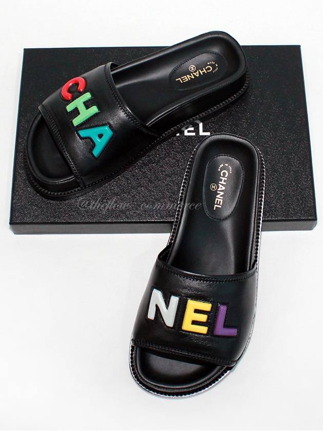 Logo Leather Slippers Black Chanel