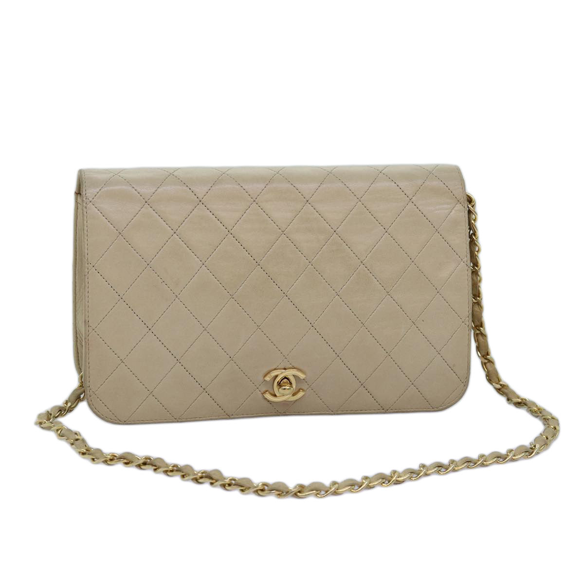Chanel Chain Shoulder Bag Lamb Skin Beige CC Auth A