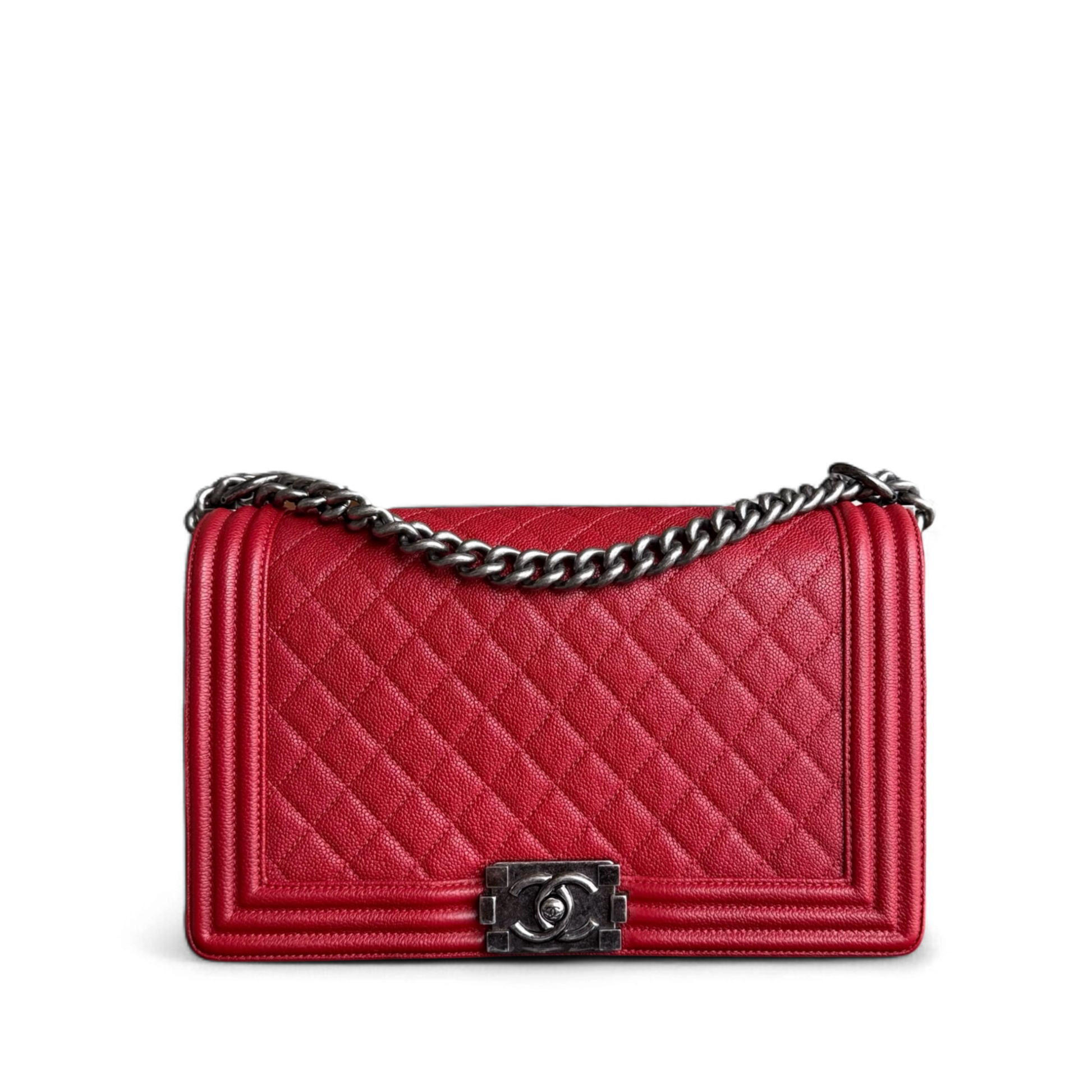 Chanel Boy Medium - Caviar 28CM Quilted Dark Red Ruthenium Silver Hardware Series 23