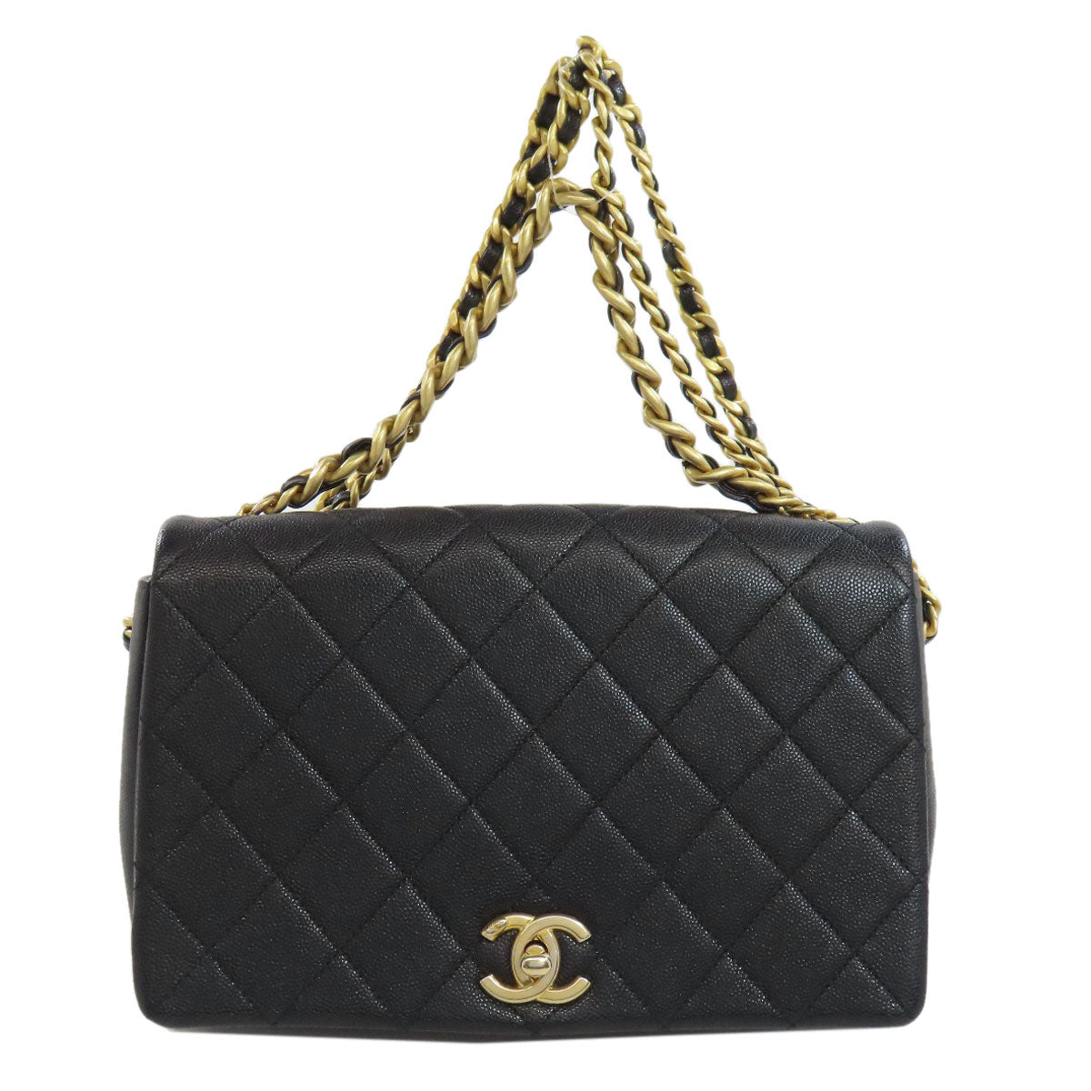 Chanel Grained Calfskin Skin Matelasse Black Gold Shoulder Bag