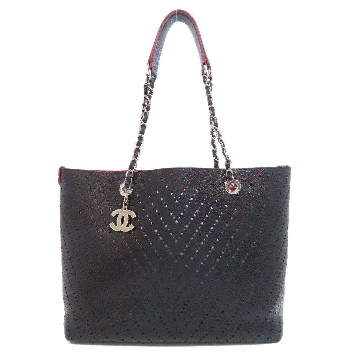Chanel Grained Calfskin Skin Punching Black Silver Tote Bag
