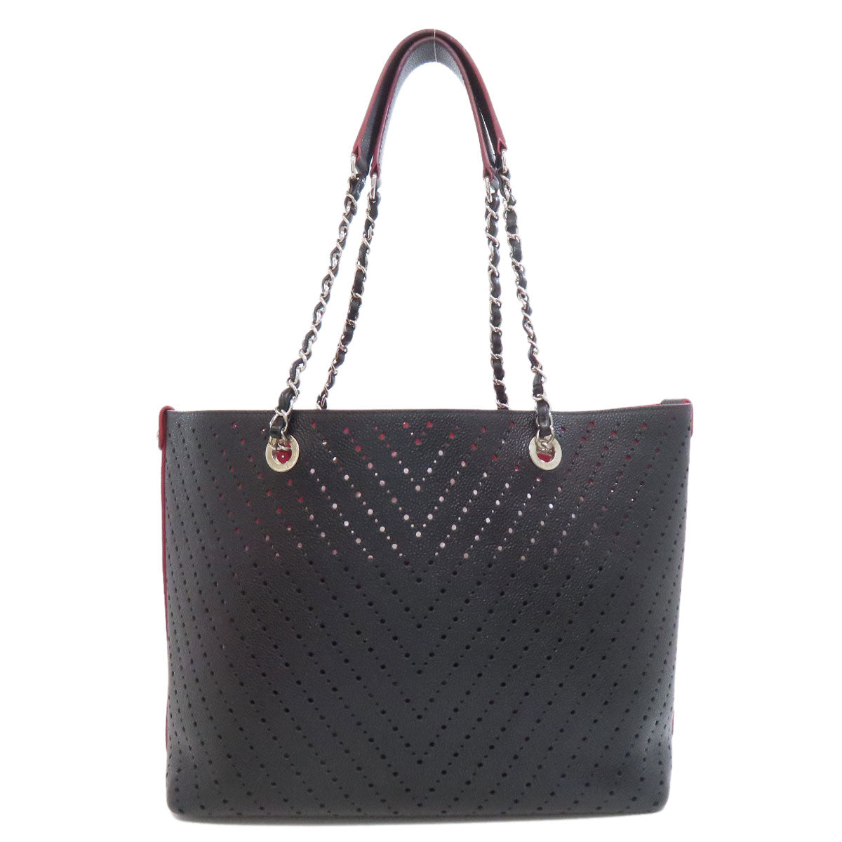 Chanel Grained Calfskin Skin Punching Black Silver Tote Bag