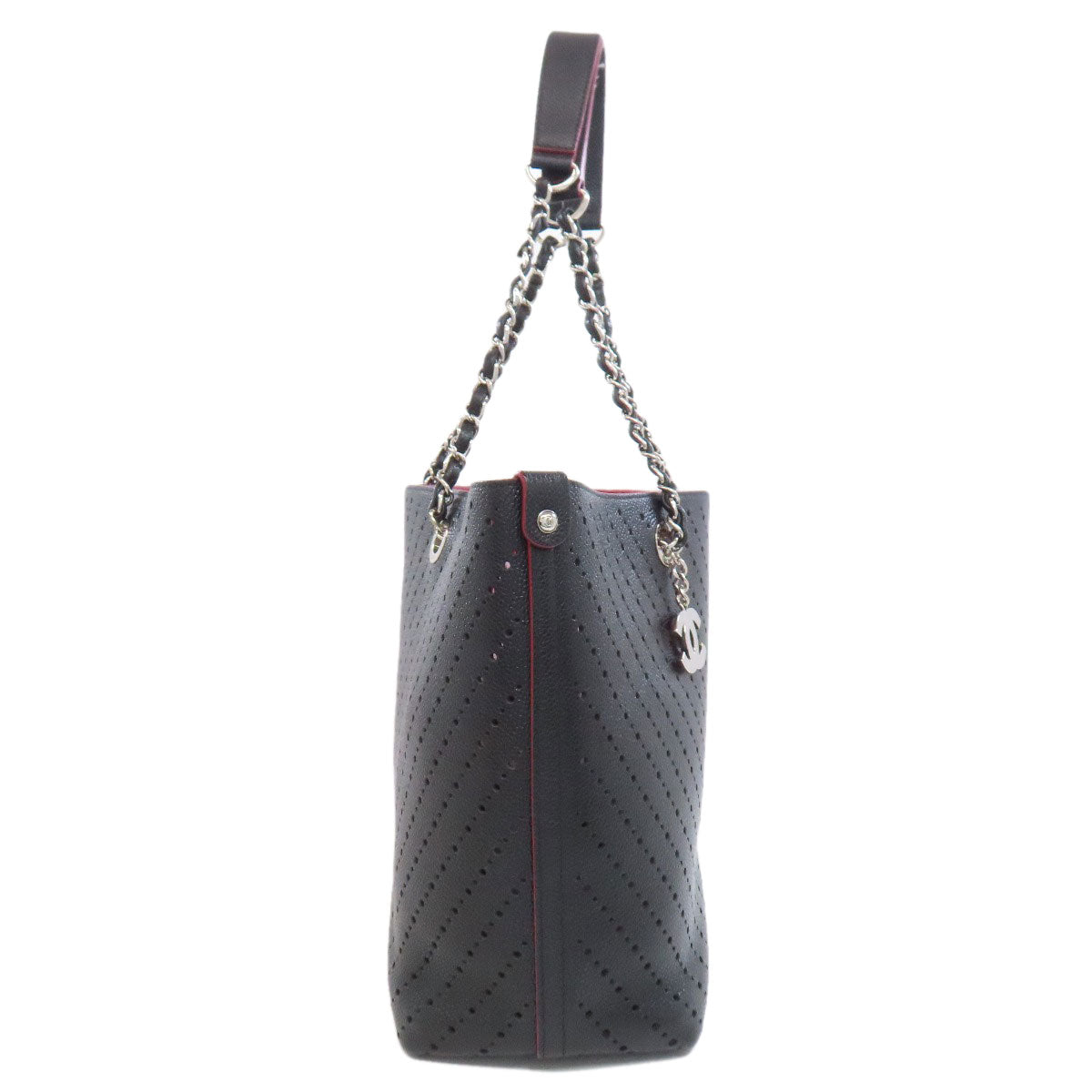 Chanel Grained Calfskin Skin Punching Black Silver Tote Bag