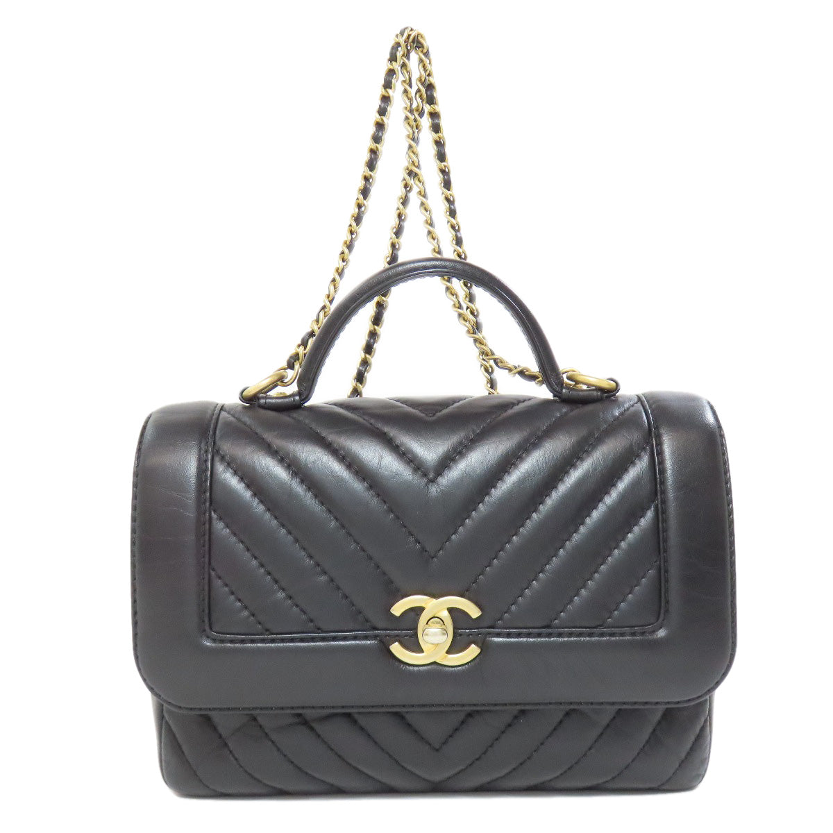 Chanel Calfskin Chevron Vstitch Black Gold Handbag