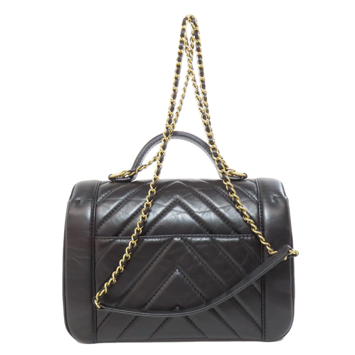 Chanel Calfskin Chevron Vstitch Black Gold Handbag