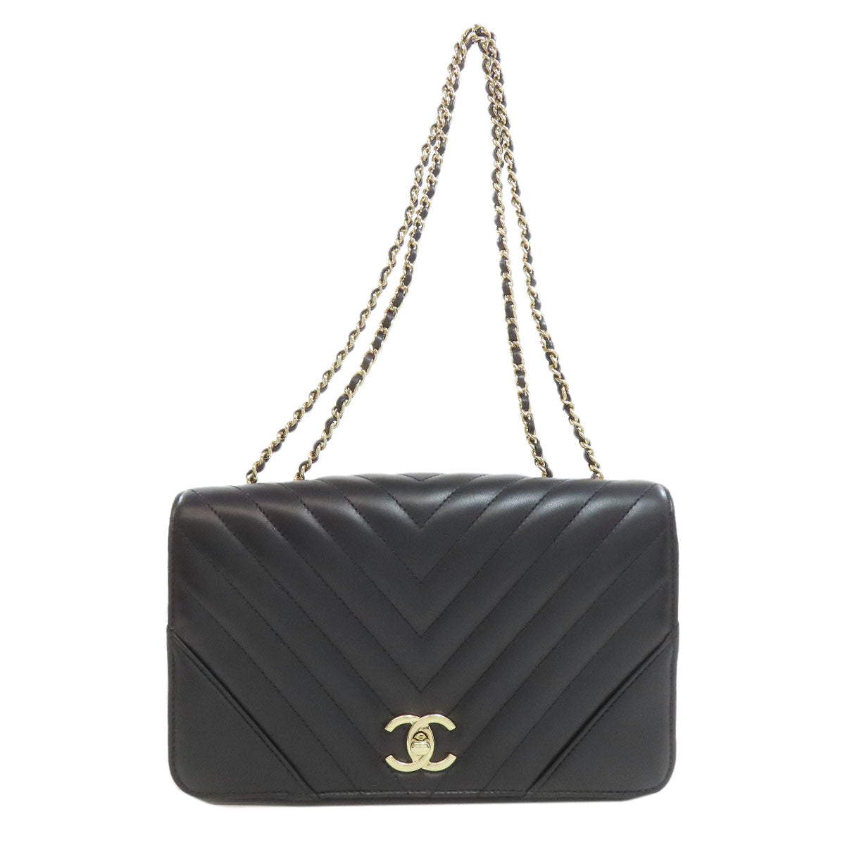 Chanel lambskin ChainShoulder Vstitch Black Gold Shoulder Bag