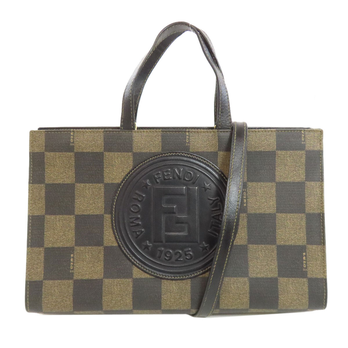 Fendi Handbag Pvc Checkered Pattern 2Way Brown Travel Bag
