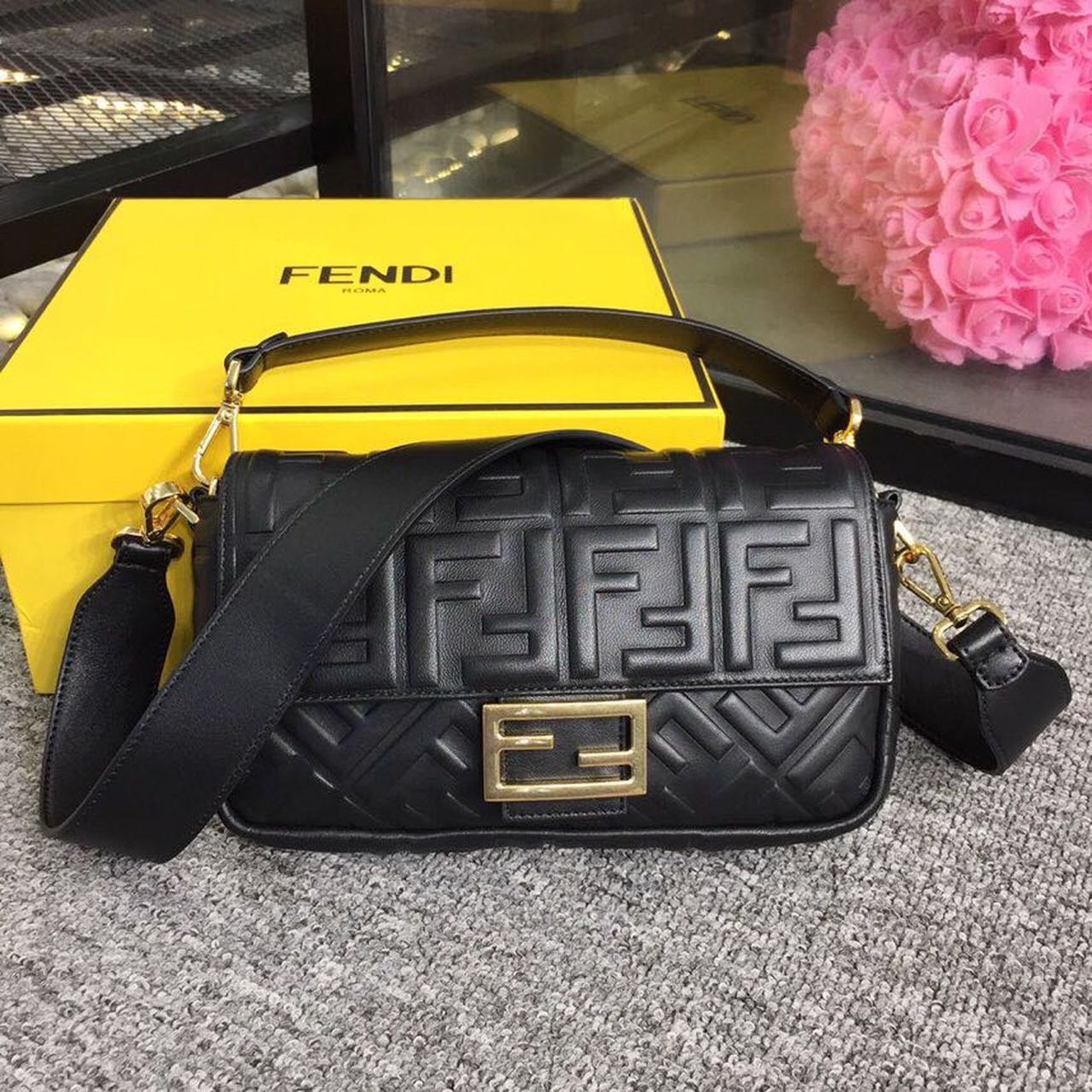 Fendi Top QualityTop Quality Baguette Nappa Black FF Crossbody Bag