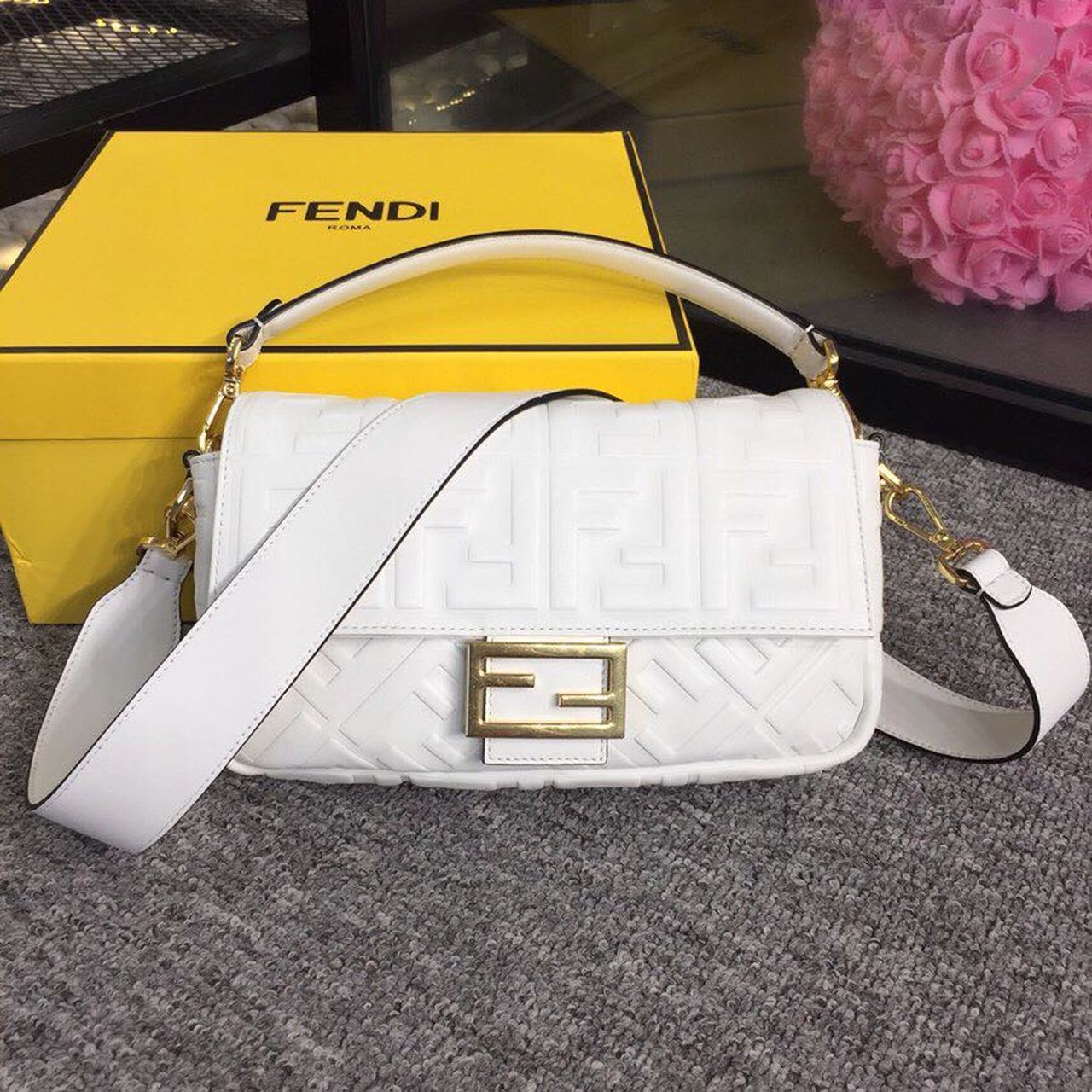 Fendi Top QualityTop Quality Baguette Nappa White FF Crossbody Bag Ff 8Br600A72Vf15Ao