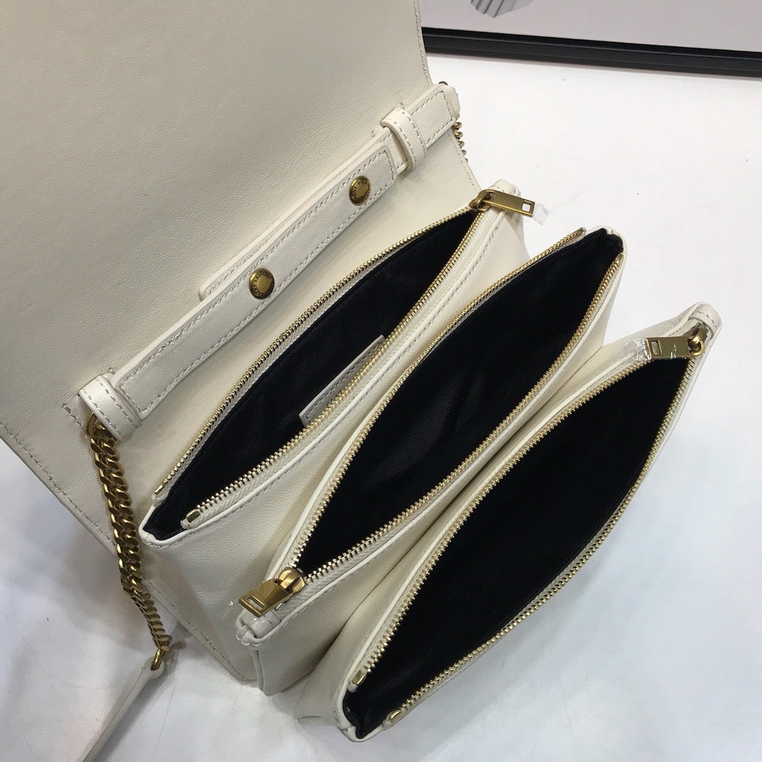 YSL Saint Laurent Angie 8in 22cm Patent White Handbag