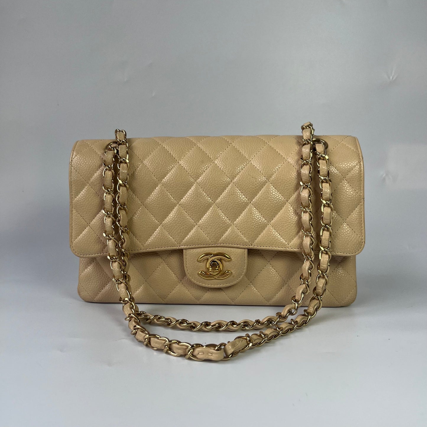 Chanel Timeless Classic Flap Caviar Hardware Gold Beige Leather Handbag