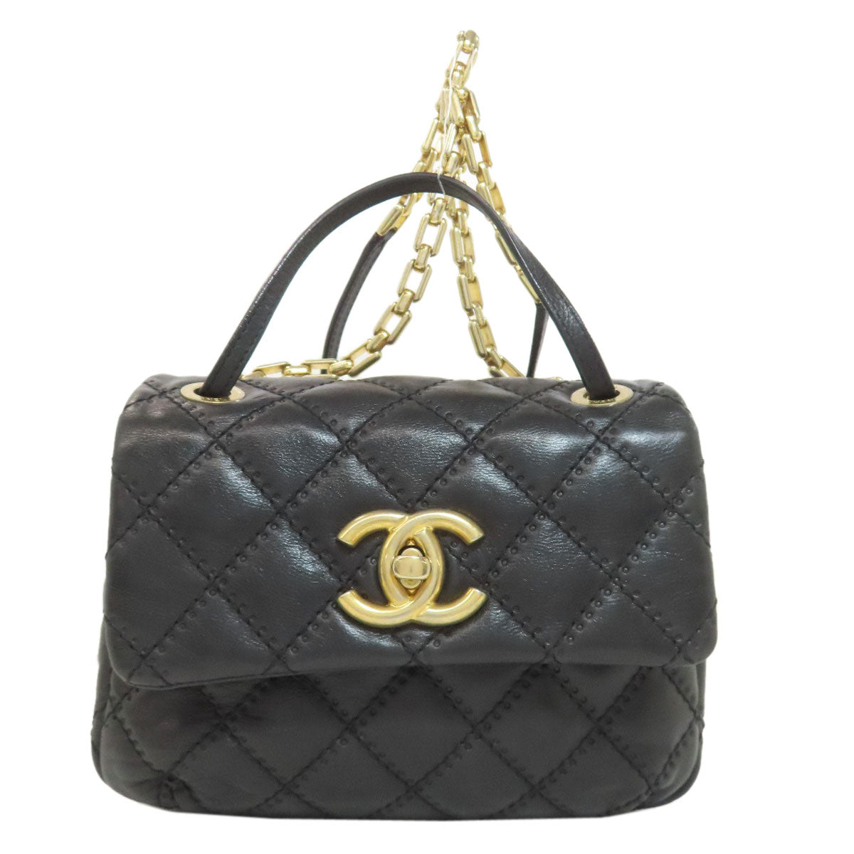 Chanel Calfskin Matelasse 2WAY Black Gold Handbag