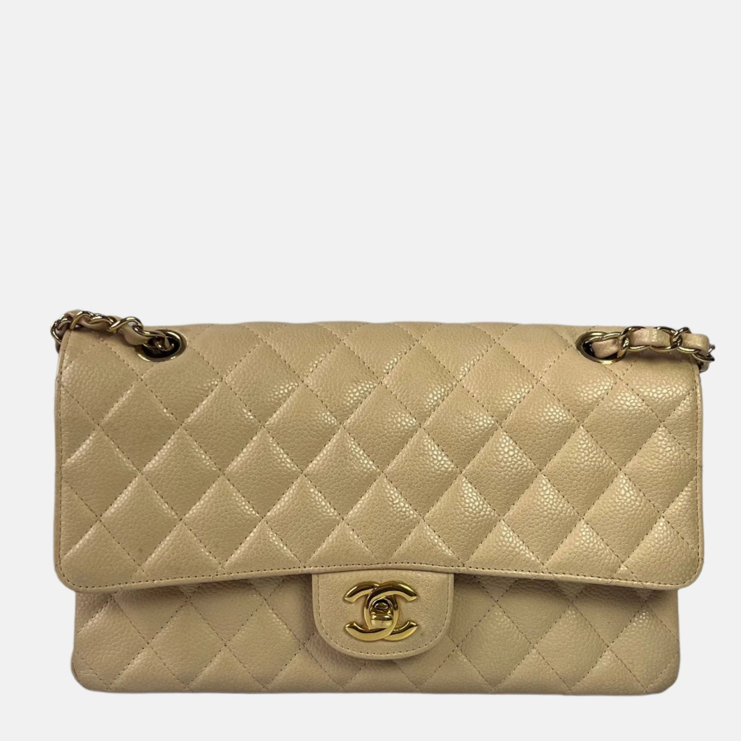Chanel Timeless Classic Flap Caviar Hardware Gold Beige Leather Handbag