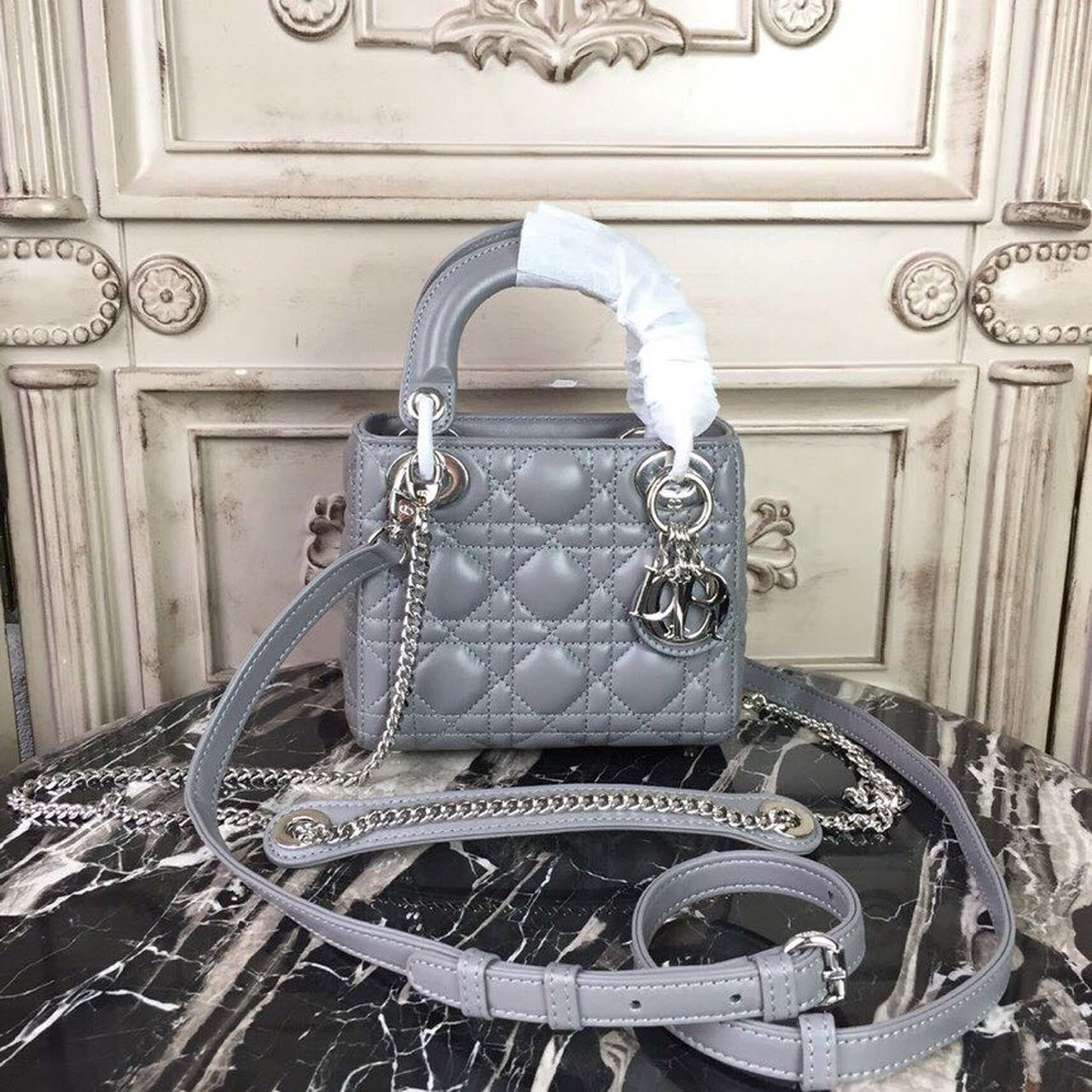 Lady Chain Hardware Cd Lambskin Silver Grey Mini Travel Bag