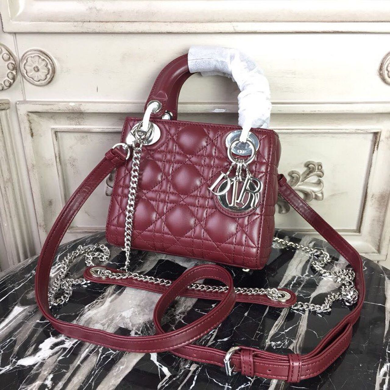 Lady Hardware Burgundy Cd Silver Mini Chain Travel Bag