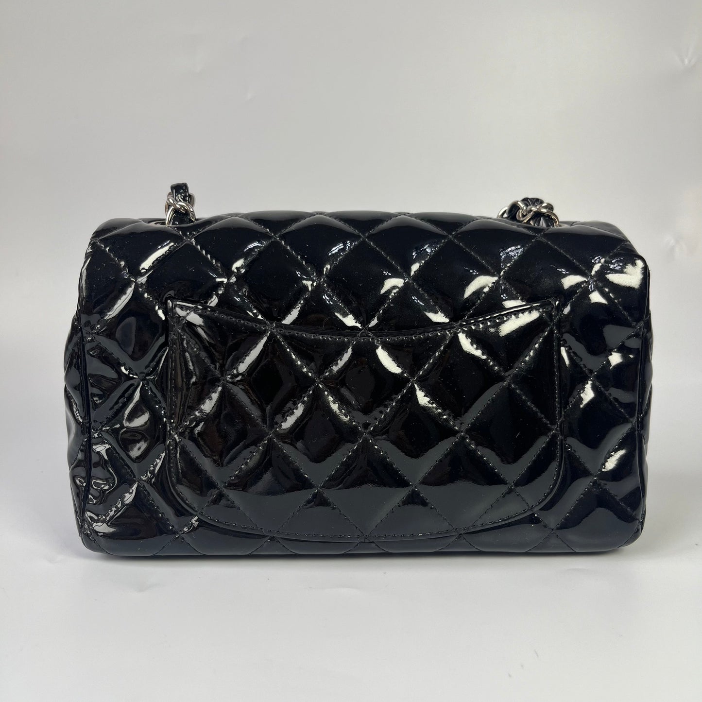 Chanel Classic Flap Rectangular Patent Hardware Black Silver Leather Mini Bag