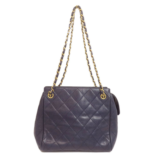 Chanel Grained Calfskin Skin Navy Matelasse Gold Tote Bag