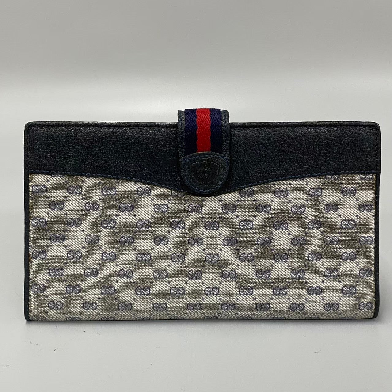 Gucci Long Purse PVC Sherry Line Leather Navy Wallet Case