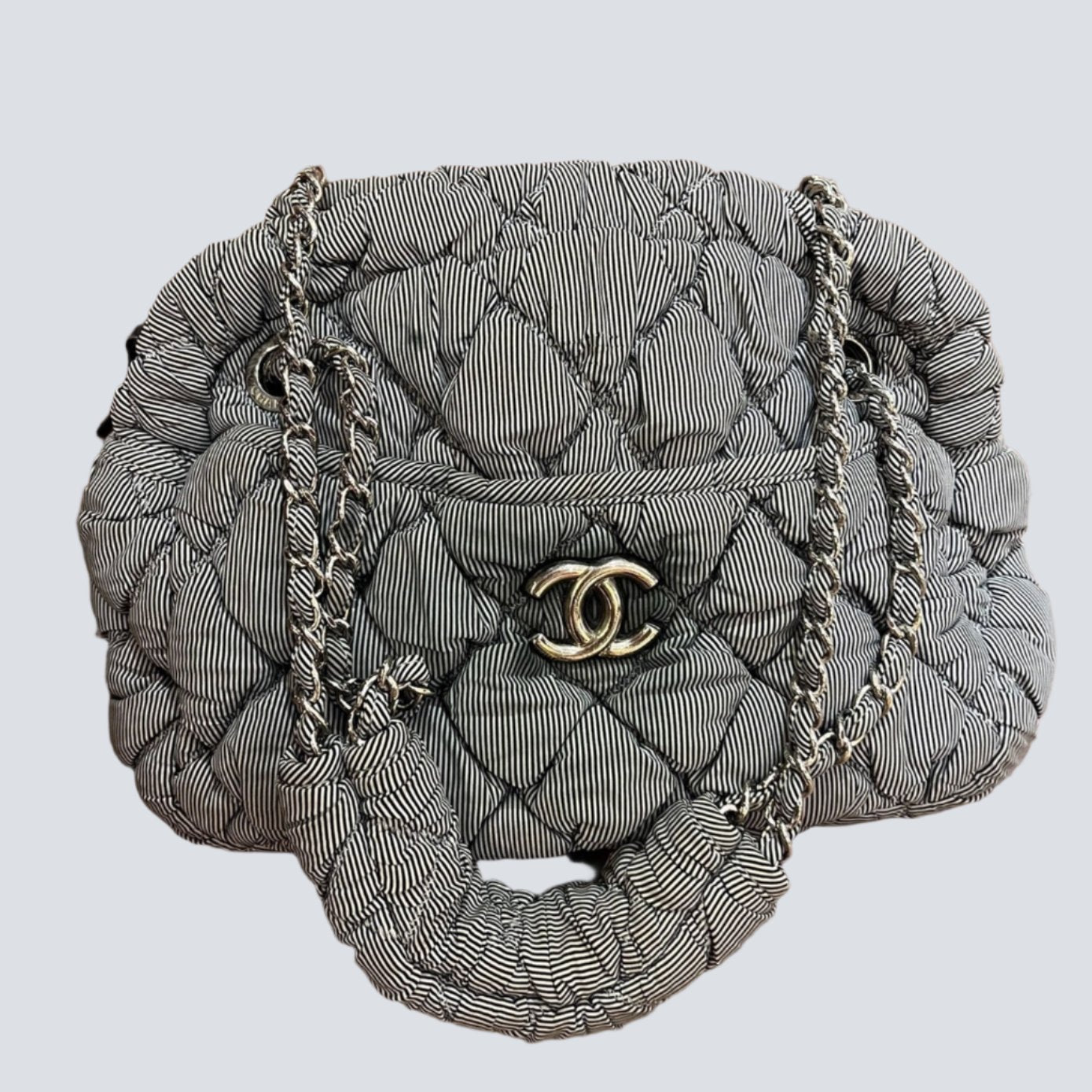 Chanel Nylon Bubble Striped Quilt Accordion Flap Blue Shoulder Bag